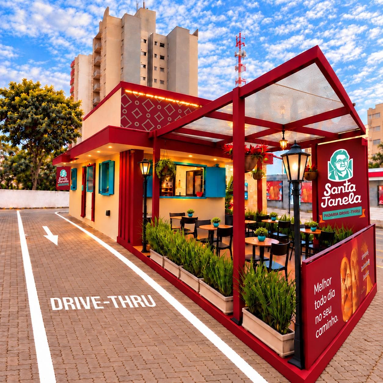 A pista do drive-thru da Santa Janela, com a seta pintada no chão levando à janela.
